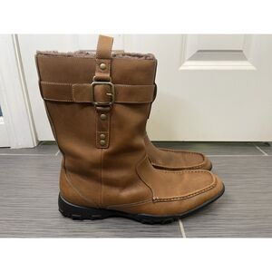 Cole Haan Side Buckle Brown Leather Waterproof Sherpa Lined Boots Size 8.5